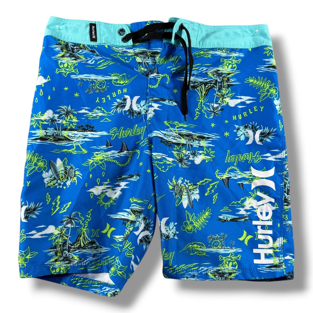 Hurley Boys Blue Neon Green Tropical Shark Skull Board Shorts Swim Trunks 10/25